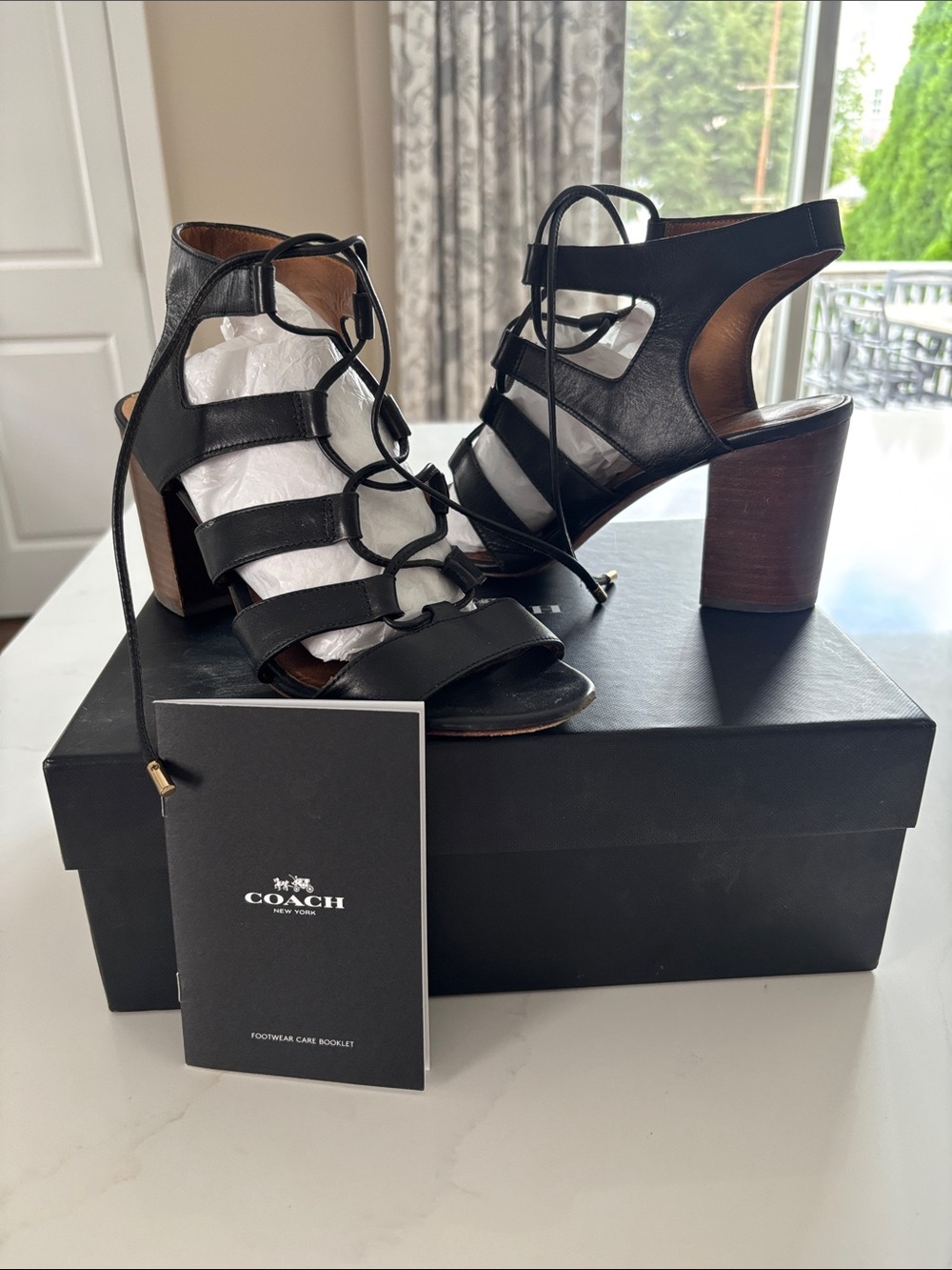Coach Black Leather Lace-Up Block Heel Sandals with Wooden Heel